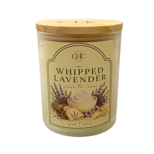 Whipped Lavender classic soy candle with a soft, creamy lavender scent, 7 oz hand-poured in a glass jar