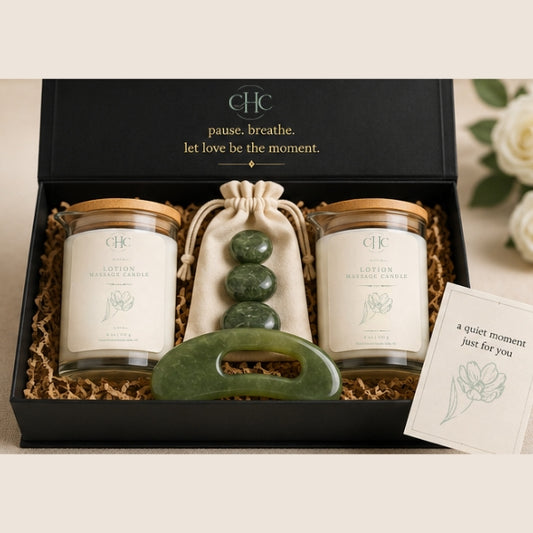 His and Hers lotion massage candle spa gift set for the bride and groom with jade massage stones and gua sha in a black gift box