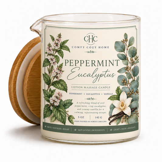 Peppermint Eucalyptus lotion massage candle, 5 oz pour-spout glass jar that melts into warm massage oil for skin