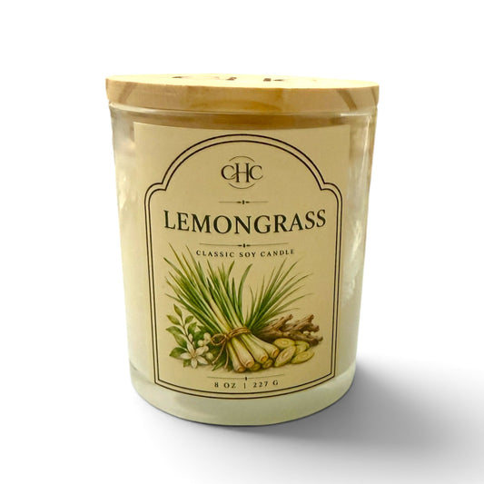Lemongrass classic soy candle with a bright, clean lemongrass scent, 7 oz hand-poured in a glass jar with wood lid