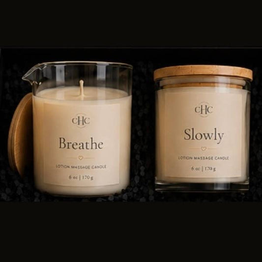 Breathe and Slowly couples lotion massage candle gift set in Lavender, two hand-poured massage candles