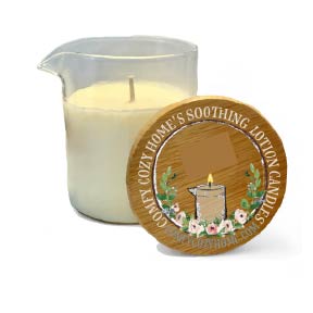 Luxury Egyptian Amber Lotion Candle lit in a cozy home setting, highlighting the rich golden glow of the melting skin-safe soy oil and premium botanical ingredients.
