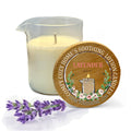 Massage-Candle with a wooden coaster labeled 'Lavender' from 'Cozy Home's Luxury Lotion Candles'.