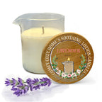 Massage-Candle with a wooden coaster labeled 'Lavender' from 'Cozy Home's Luxury Lotion Candles'.
