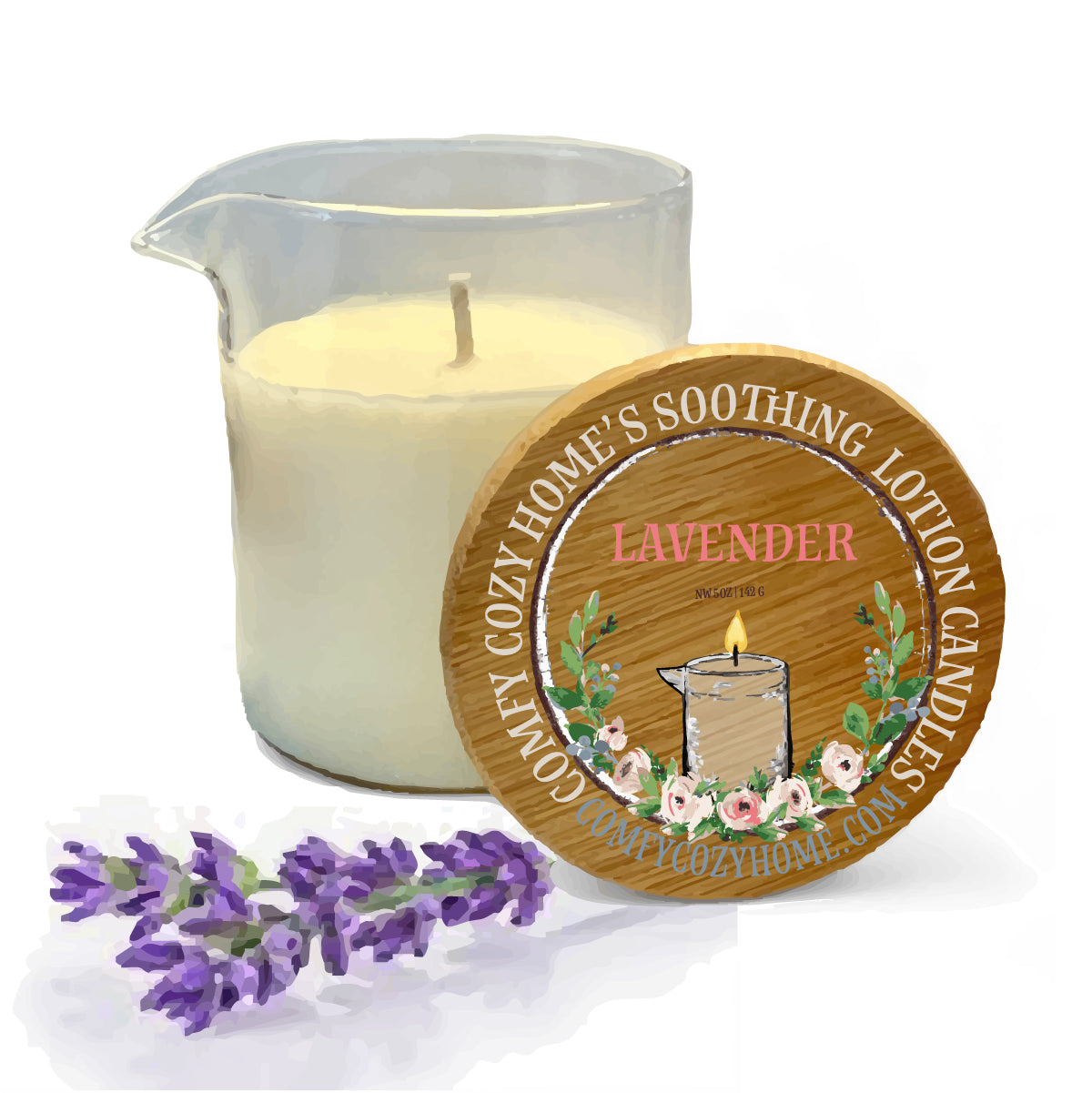 Massage-Candle with a wooden coaster labeled 'Lavender' from 'Cozy Home's Luxury Lotion Candles'.