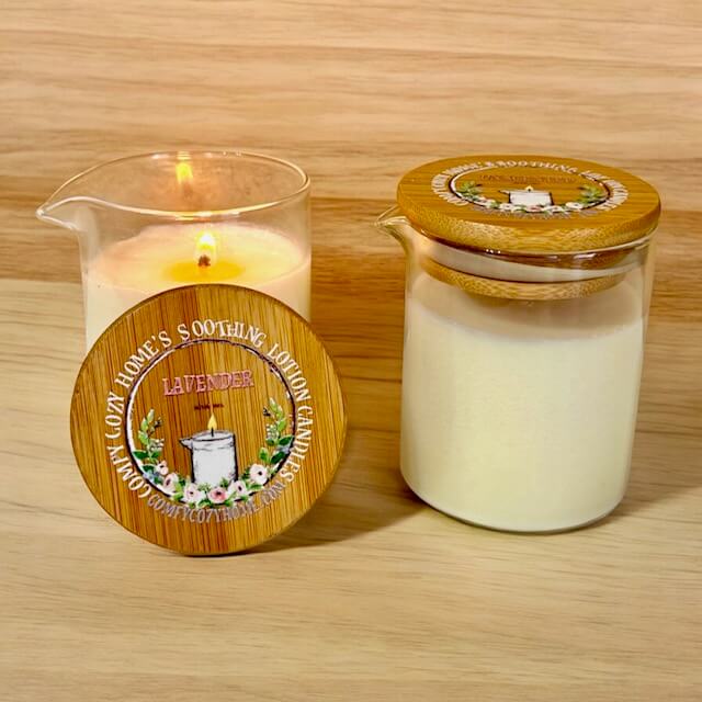 Massage Candle with wooden lid and jar on a wooden surface from comfy cozy home
