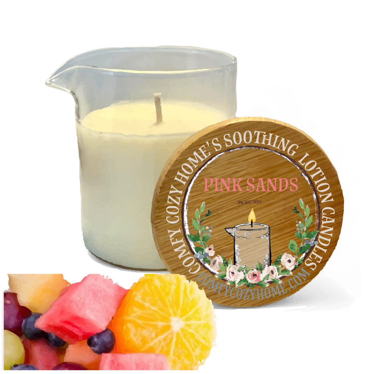 Tropical Pink Sands Lotion Candle being poured onto skin to demonstrate the transformation from a scented candle into a nutrient-rich, warm massage and body oil.