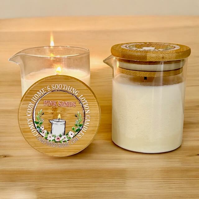 Tropical Pink Sands Lotion Candle being poured onto skin to demonstrate the transformation from a scented candle into a nutrient-rich, warm massage and body oil.